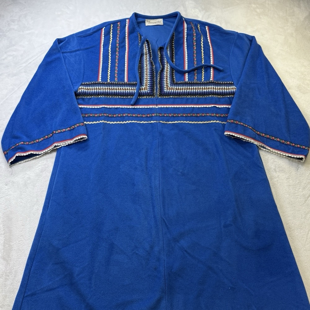 VTG 70s Vassarette BlueVelour Robe Rainbow Trim 3/4 Zip Full Length Large